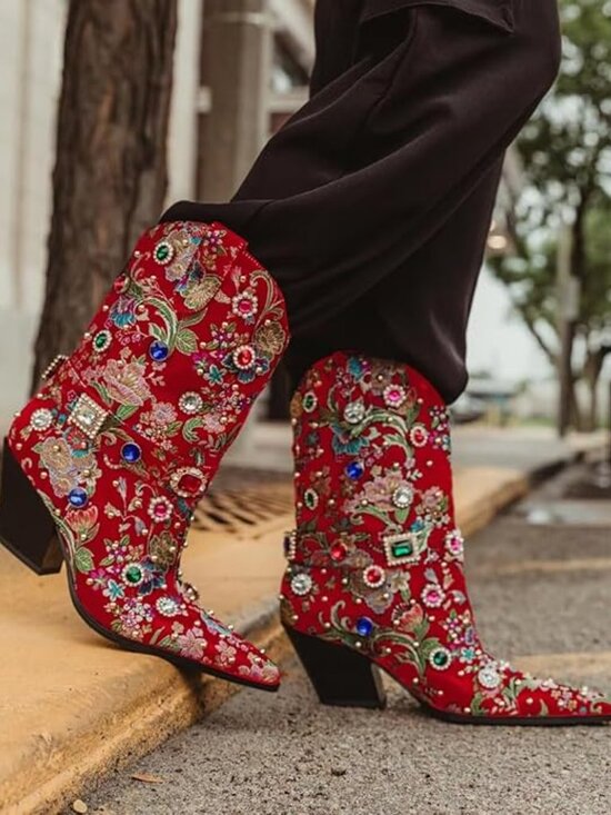 Shoes - Rhinestone Mid Calf Pointed Boots